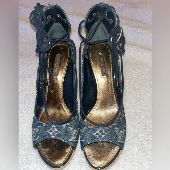 Louis Vuitton platform cork wedges 39.5-9 clogs wedges denim blue monogram heels - Picture 1 of 6